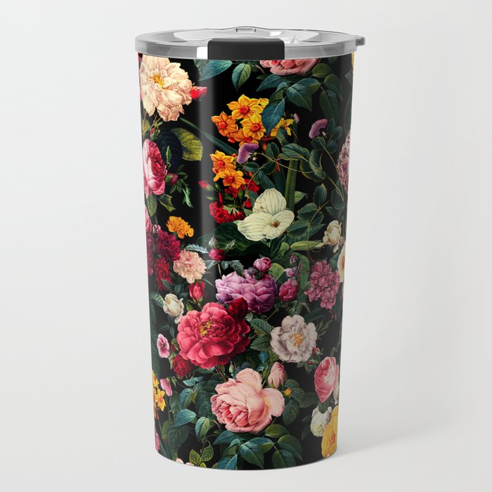 Floral D - Red, Pink, Yellow, Green, Black Baroque Floral Blossom Travel Mug Gallery Image 1