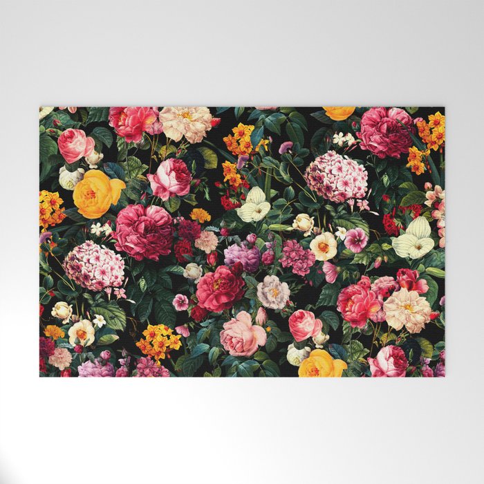 Floral D - Red, Pink, Yellow, Green, Black Baroque Floral Blossom Welcome Mat Gallery Image 1