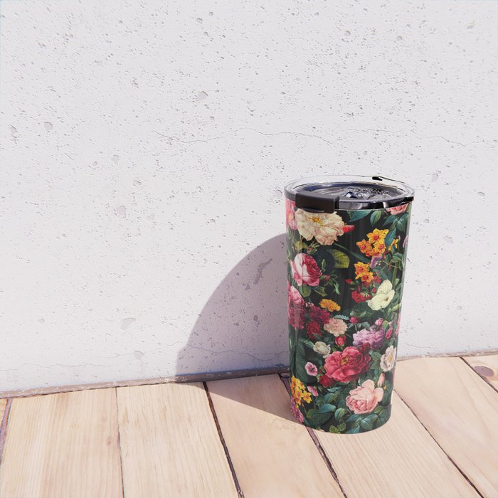 Floral D - Red, Pink, Yellow, Green, Black Baroque Floral Blossom Travel Mug Gallery Image 4