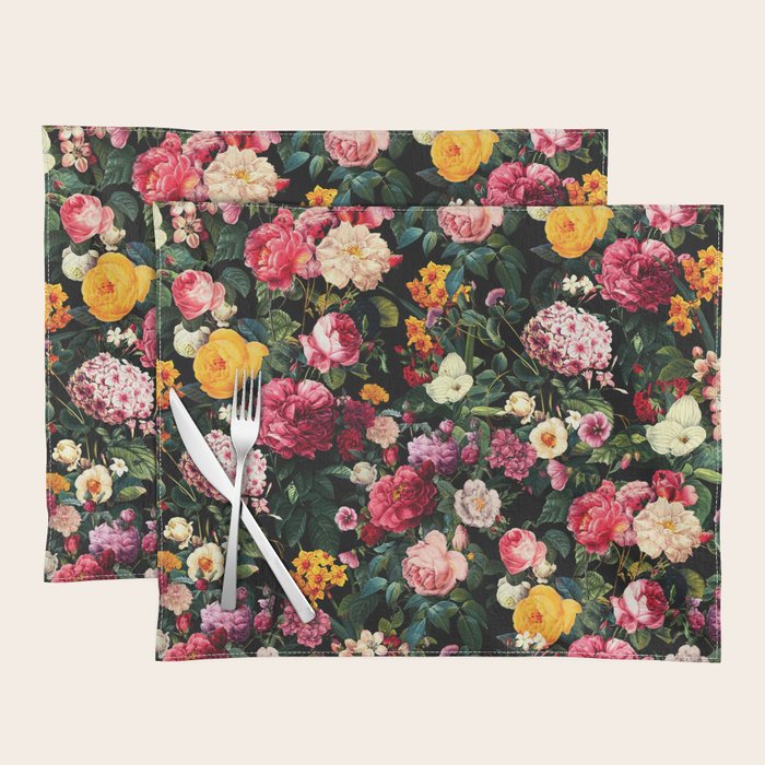 Floral D - Red, Pink, Yellow, Green, Black Baroque Floral Blossom Placemat Gallery Image 1