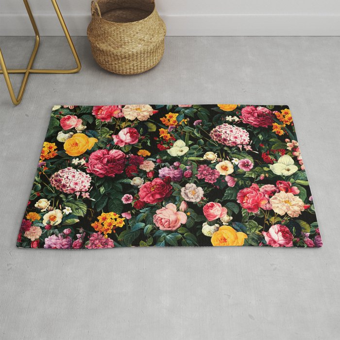 Floral D - Red, Pink, Yellow, Green, Black Baroque Floral Blossom Rug Gallery Image 1