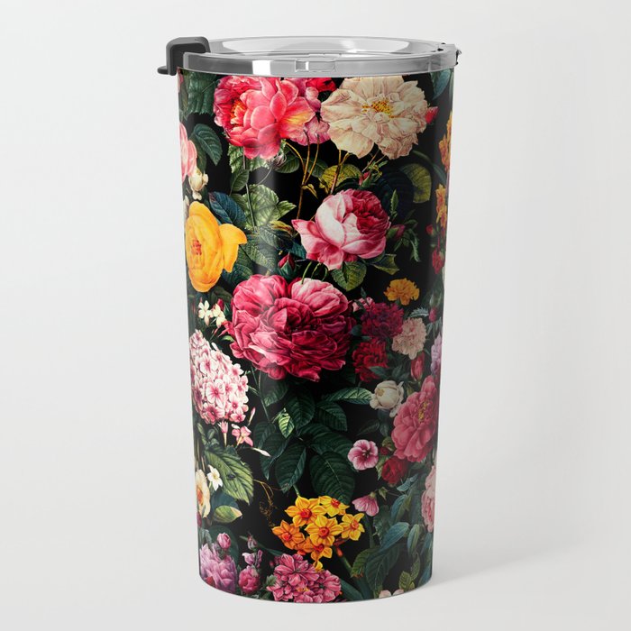 Floral D - Red, Pink, Yellow, Green, Black Baroque Floral Blossom Travel Mug Gallery Image 3