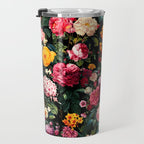 Floral D - Red, Pink, Yellow, Green, Black Baroque Floral Blossom Travel Mug Gallery Image 3