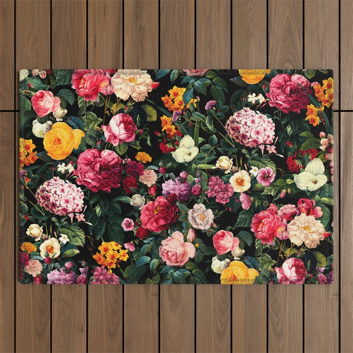Floral D - Red, Pink, Yellow, Green, Black Baroque Floral Blossom Outdoor Rug Gallery Image 1