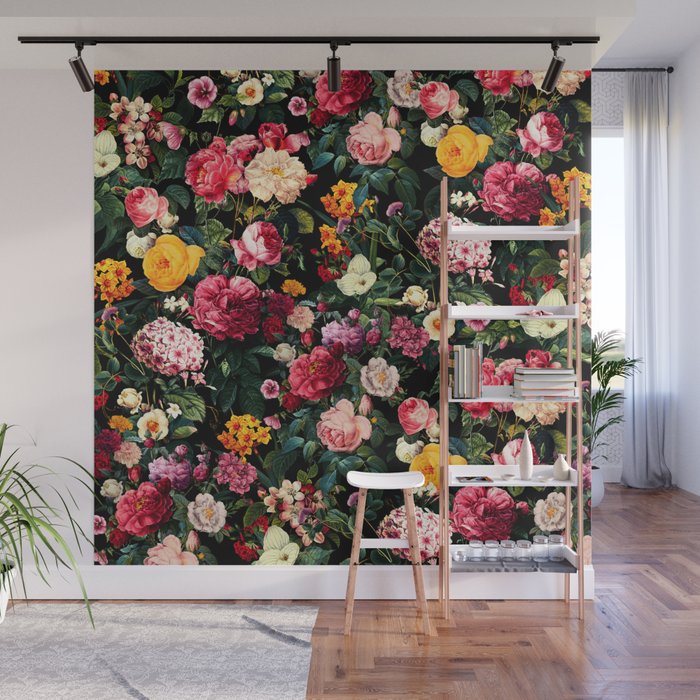 Floral D - Red, Pink, Yellow, Green, Black Baroque Floral Blossom Wall Mural Gallery Image 1