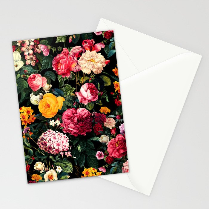 Floral D - Red, Pink, Yellow, Green, Black Baroque Floral Blossom Stationery Card Gallery Image 2