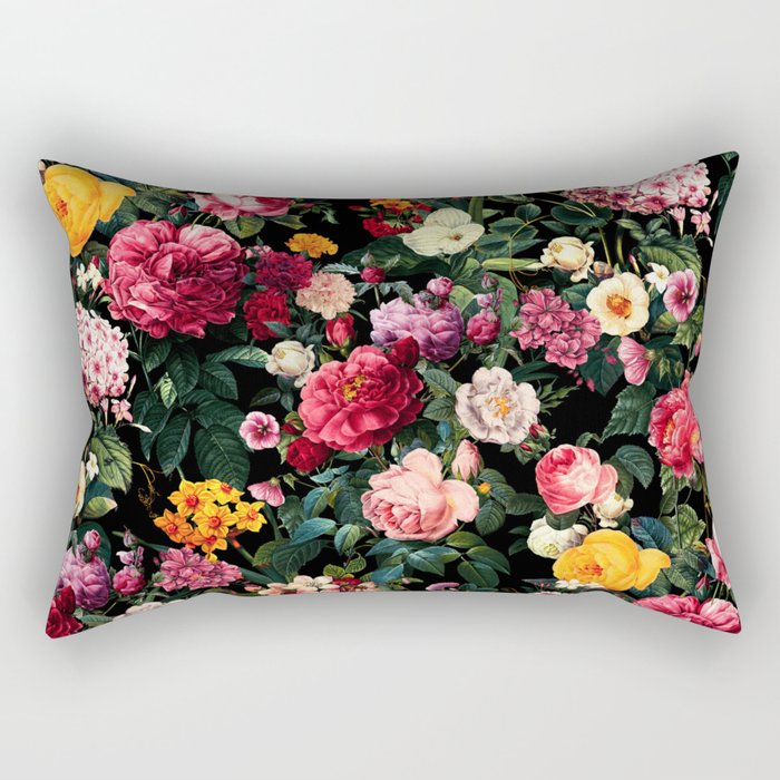 Floral D - Red, Pink, Yellow, Green, Black Baroque Floral Blossom Rectangular Pillow Gallery Image 1