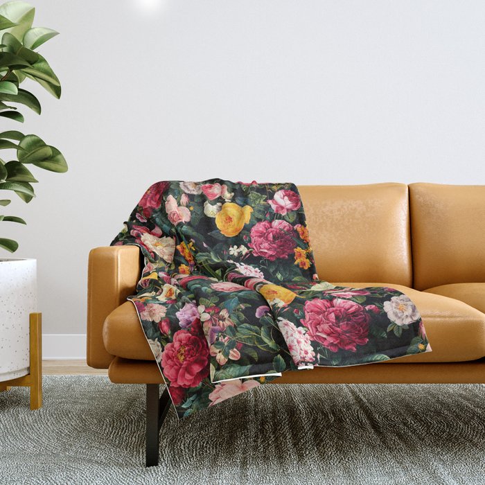 Floral D - Red, Pink, Yellow, Green, Black Baroque Floral Blossom Throw Blanket Gallery Image 1