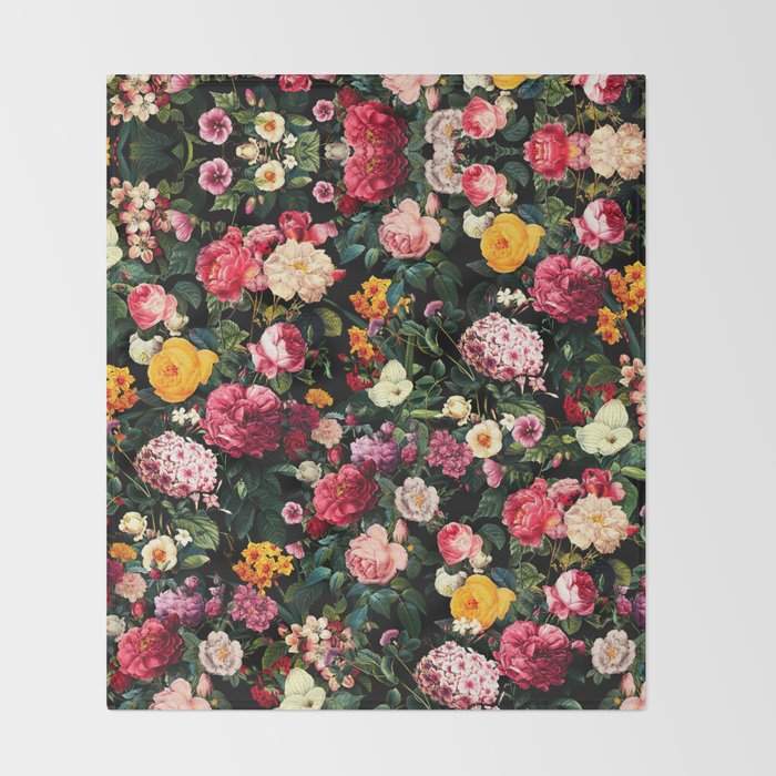 Floral D - Red, Pink, Yellow, Green, Black Baroque Floral Blossom Throw Blanket Gallery Image 2