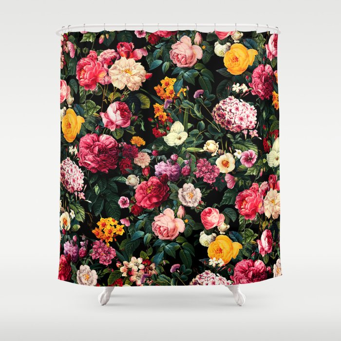 Floral D - Red, Pink, Yellow, Green, Black Baroque Floral Blossom Shower Curtain Gallery Image 1
