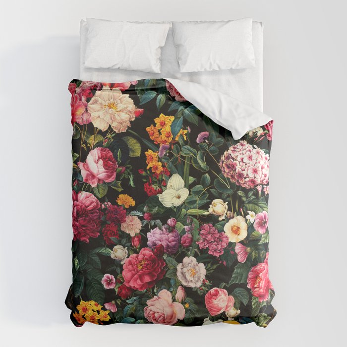 Floral D - Red, Pink, Yellow, Green, Black Baroque Floral Blossom Duvet Cover Gallery Image 1