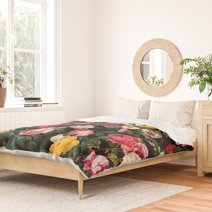 Floral D - Red, Pink, Yellow, Green, Black Baroque Floral Blossom Duvet Cover Gallery Image 2