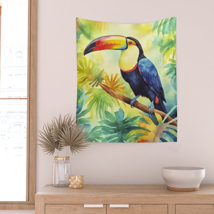 Toucans Tropical Paradise Watercolor Art Wall Tapestry Gallery Image 2