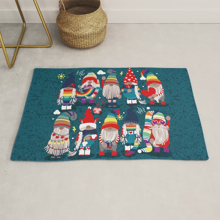 I gnome you // dark teal background little happy and lovely gnomes with rainbows vivid red hearts Rug Gallery Image 1
