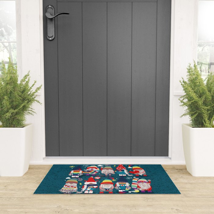 I gnome you // dark teal background little happy and lovely gnomes with rainbows vivid red hearts Welcome Mat Gallery Image 3