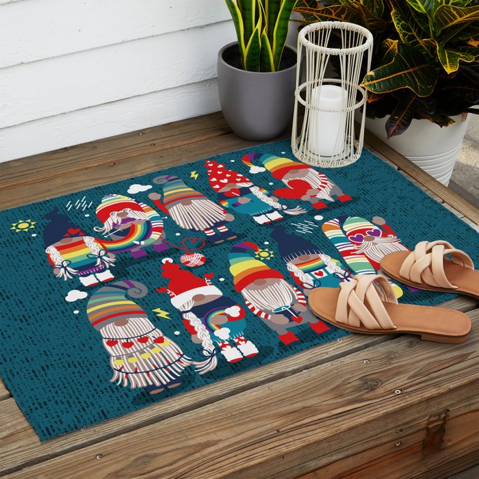 I gnome you // dark teal background little happy and lovely gnomes with rainbows vivid red hearts Outdoor Rug Gallery Image 2