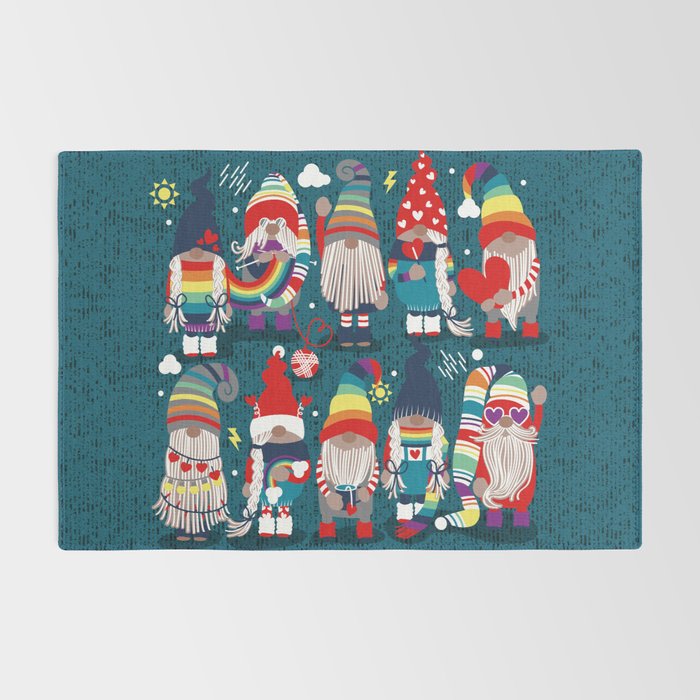 I gnome you // dark teal background little happy and lovely gnomes with rainbows vivid red hearts Rug Gallery Image 2