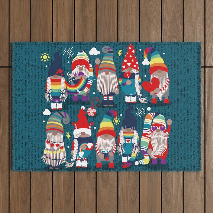 I gnome you // dark teal background little happy and lovely gnomes with rainbows vivid red hearts Outdoor Rug Gallery Image 1