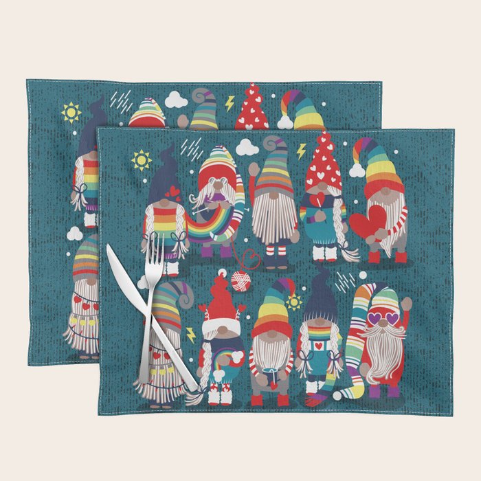 I gnome you // dark teal background little happy and lovely gnomes with rainbows vivid red hearts Placemat Gallery Image 1