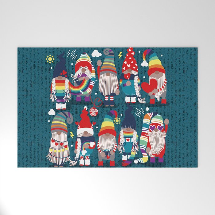 I gnome you // dark teal background little happy and lovely gnomes with rainbows vivid red hearts Welcome Mat Gallery Image 1