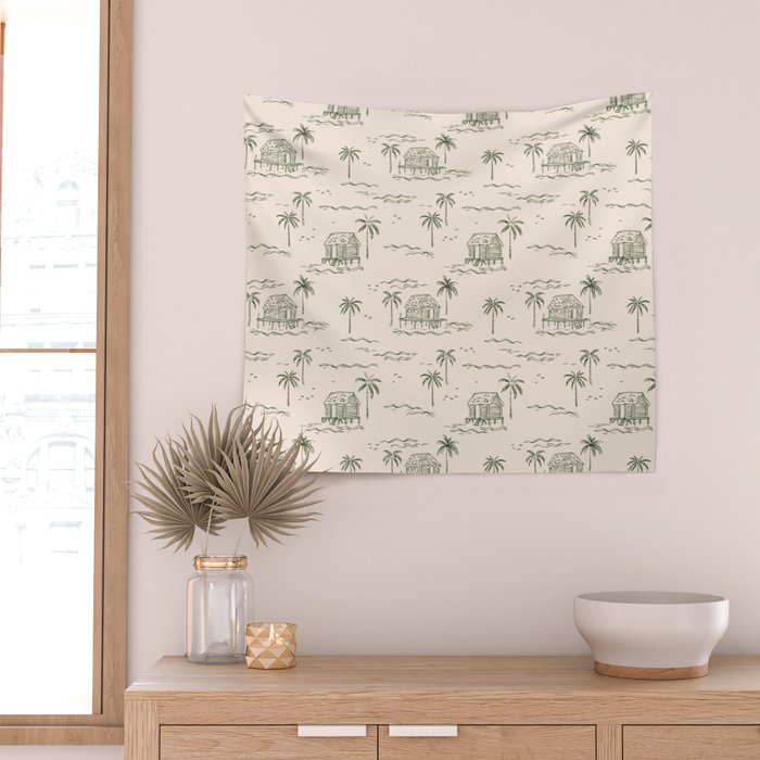 Vintage palm tree beach house pattern Wall Tapestry Gallery Image 2