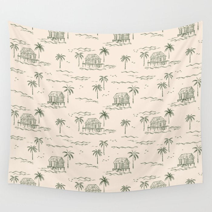 Vintage palm tree beach house pattern Wall Tapestry Gallery Image 1