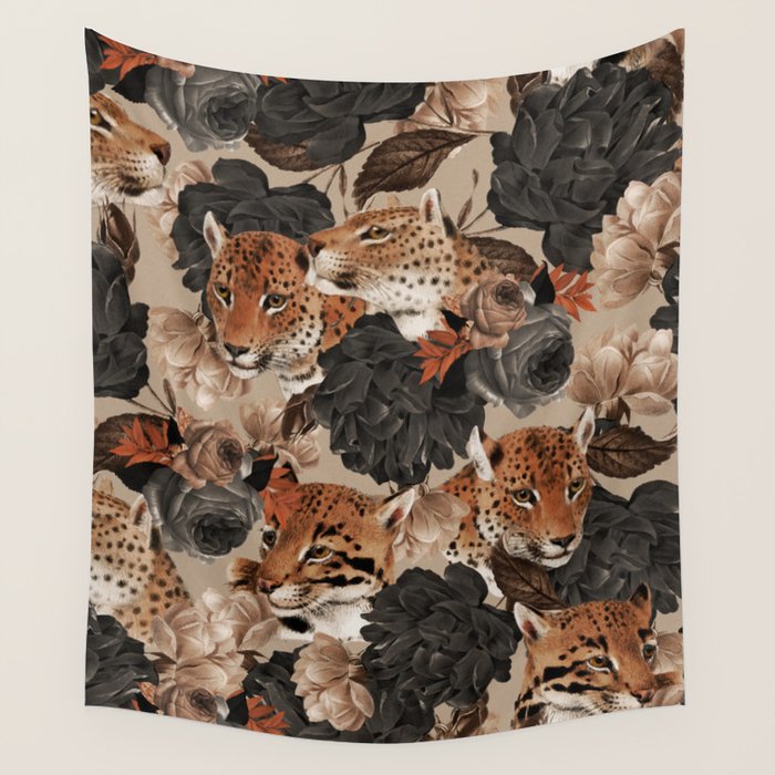 LEOPARD AND FLORAL NIGHT PATTERN Wall Tapestry Gallery Image 4