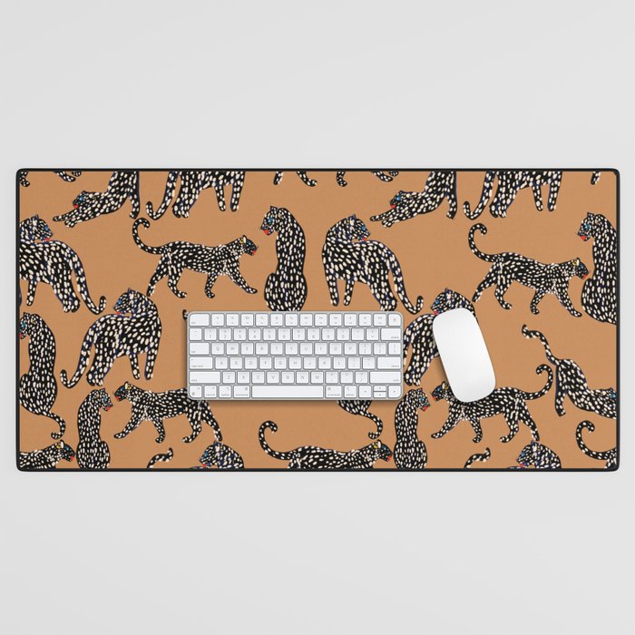 Black cheetah in sundial brown background  Desk Mat Gallery Image 1