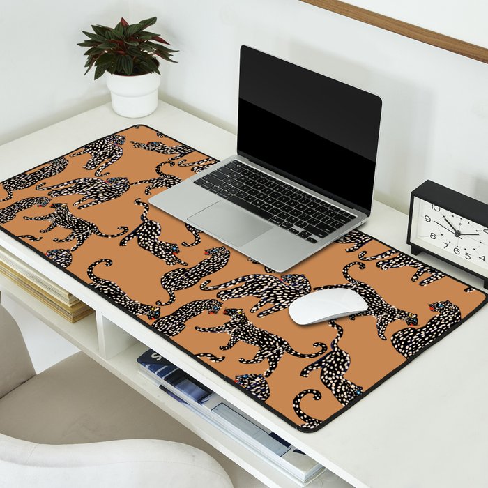 Black cheetah in sundial brown background  Desk Mat Gallery Image 2