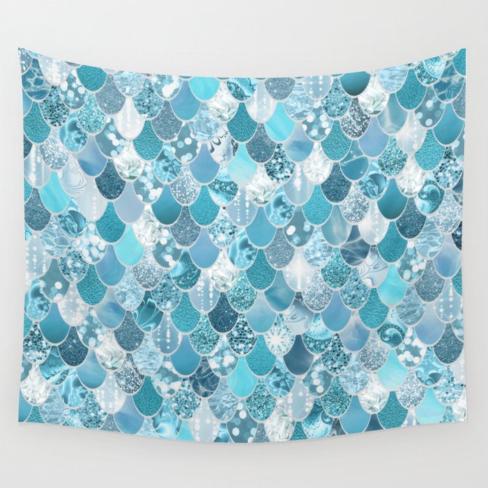 Cute Mermaid Scales, Teal and Aqua Wall Tapestry Gallery Image 4