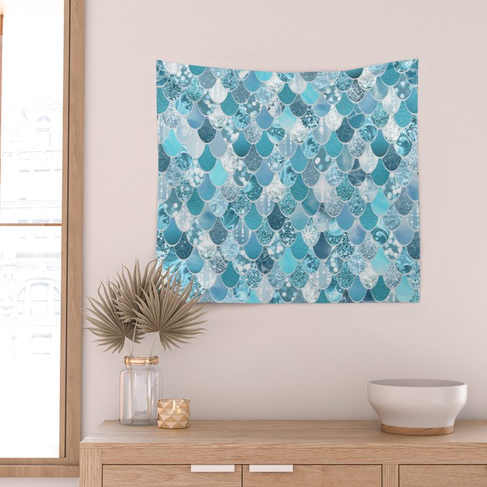 Cute Mermaid Scales, Teal and Aqua Wall Tapestry Gallery Image 2