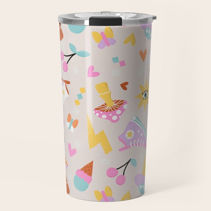 Pastel Nostalgic Doodles - Retro Teen Pattern Travel Mug Gallery Image 1