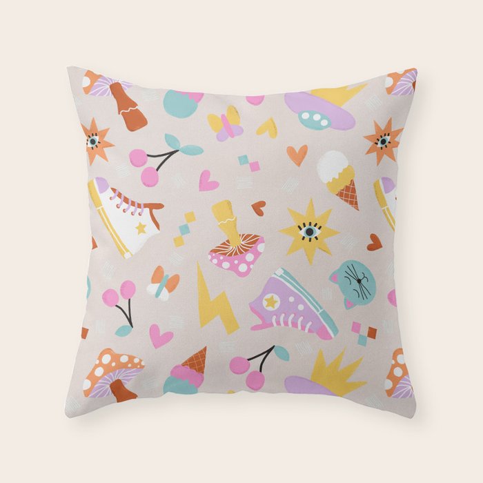 Pastel Nostalgic Doodles - Retro Teen Pattern Throw Pillow Gallery Image 6