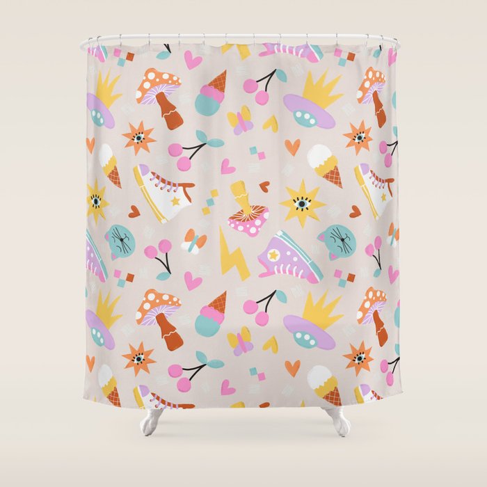 Pastel Nostalgic Doodles - Retro Teen Pattern Shower Curtain Gallery Image 1
