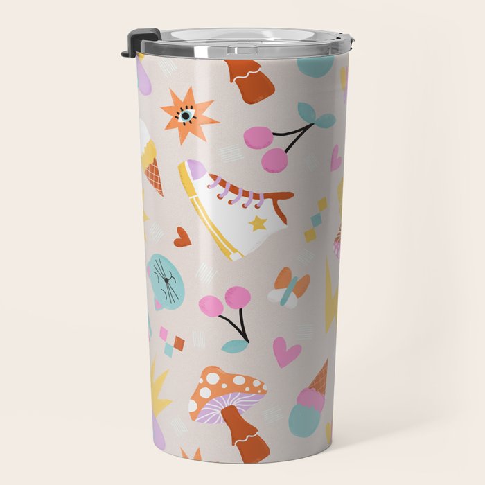 Pastel Nostalgic Doodles - Retro Teen Pattern Travel Mug Gallery Image 3