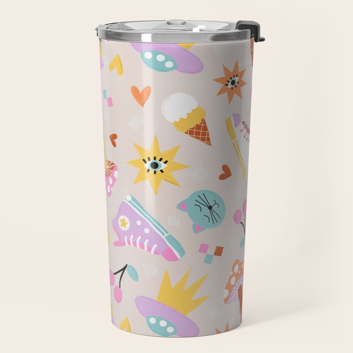 Pastel Nostalgic Doodles - Retro Teen Pattern Travel Mug Gallery Image 2