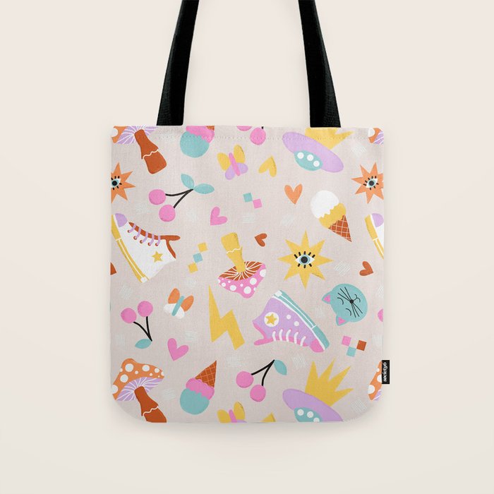 Pastel Nostalgic Doodles - Retro Teen Pattern Tote Bag Gallery Image 1