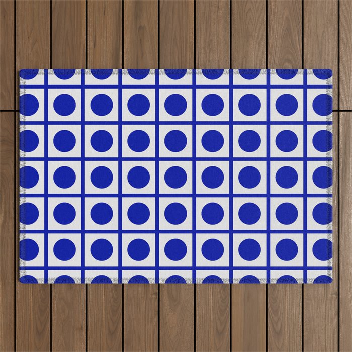Bold Blue Dot Grid Retro Modern Pop Pattern on White Outdoor Rug Gallery Image 1