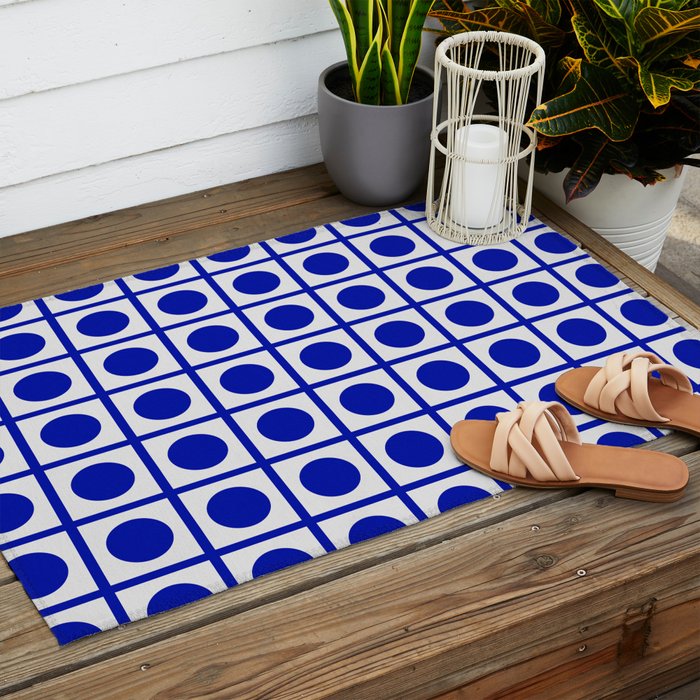 Bold Blue Dot Grid Retro Modern Pop Pattern on White Outdoor Rug Gallery Image 2