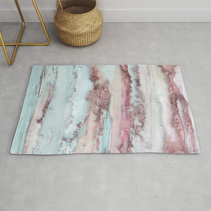 Marbled Stripes Luxury Rose Gold And Mint Glamour Rug Gallery Image 1