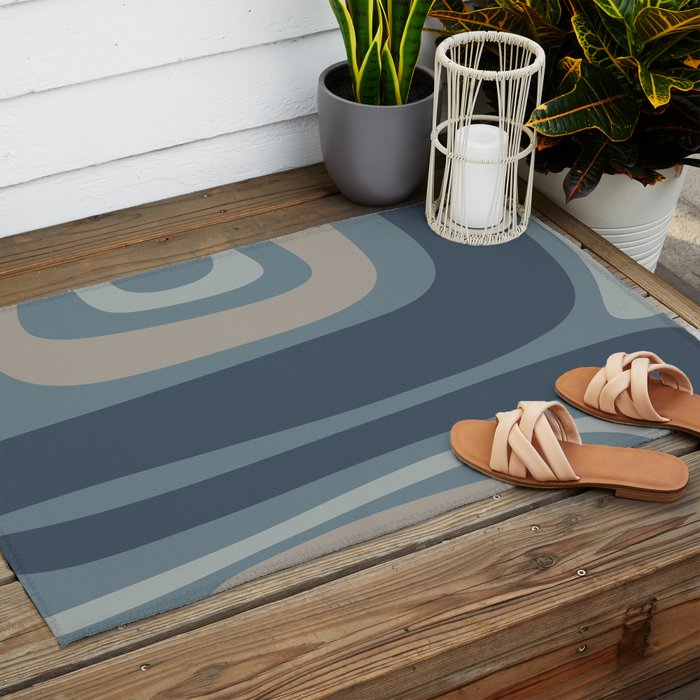 Minimal Mid-Century Modern Tiki Abstract Pattern in Neutral Blue Gray Tones Outdoor Rug Gallery Image 2