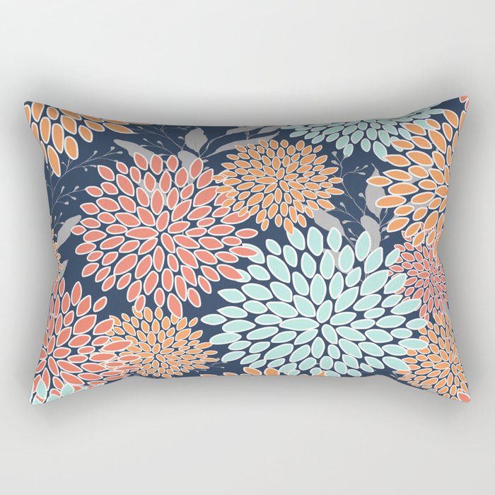 Floral Prints and Leaves, Coral, Navy Blue, Peach, Gray, Aqua Rectangular Pillow Gallery Image 2