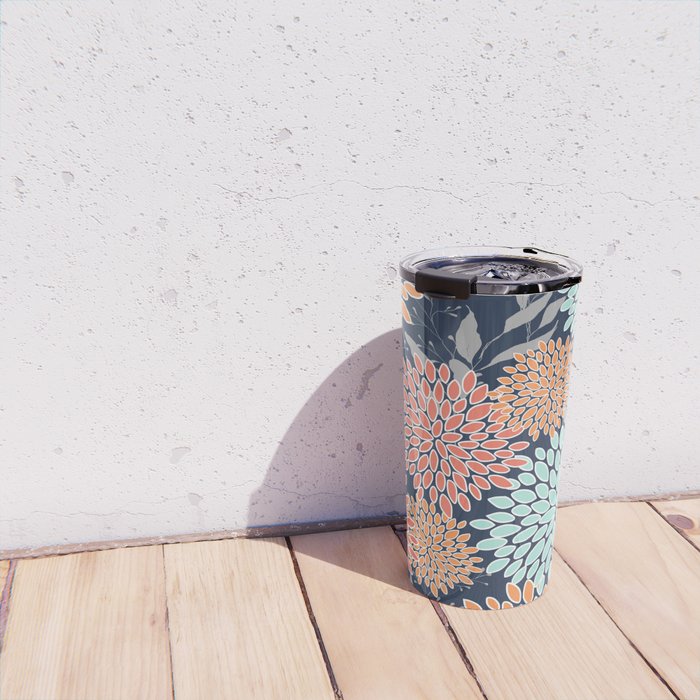 Floral Prints and Leaves, Coral, Navy Blue, Peach, Gray, Aqua Travel Mug Gallery Image 4
