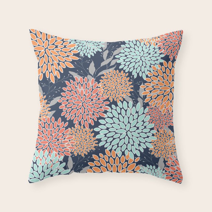 Floral Prints and Leaves, Coral, Navy Blue, Peach, Gray, Aqua Throw Pillow Gallery Image 6