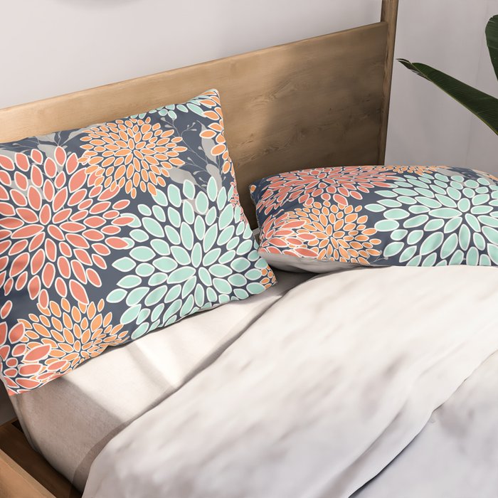 Floral Prints and Leaves, Coral, Navy Blue, Peach, Gray, Aqua Pillow Sham Gallery Image 2