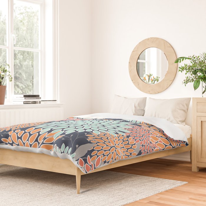Floral Prints and Leaves, Coral, Navy Blue, Peach, Gray, Aqua Duvet Cover Gallery Image 2