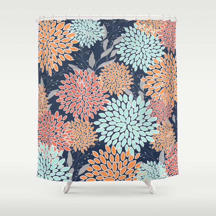 Floral Prints and Leaves, Coral, Navy Blue, Peach, Gray, Aqua Shower Curtain Gallery Image 1