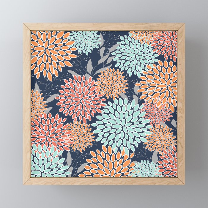 Floral Prints and Leaves, Coral, Navy Blue, Peach, Gray, Aqua Mini Art Print Gallery Image 1