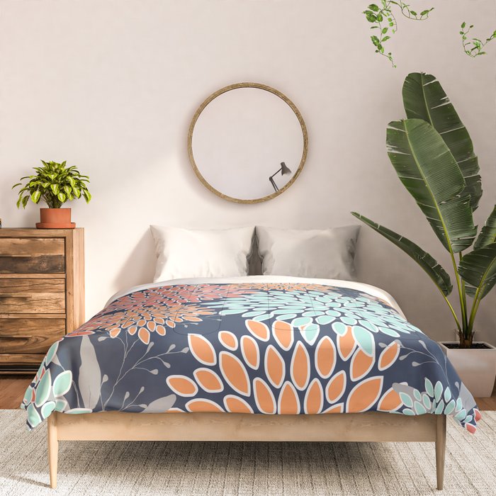 Floral Prints and Leaves, Coral, Navy Blue, Peach, Gray, Aqua Comforter Gallery Image 3