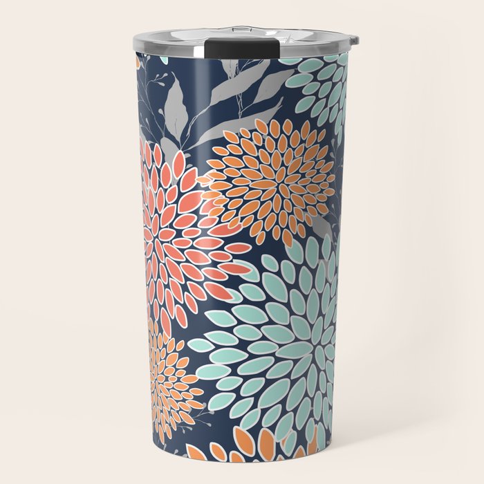 Floral Prints and Leaves, Coral, Navy Blue, Peach, Gray, Aqua Travel Mug Gallery Image 1